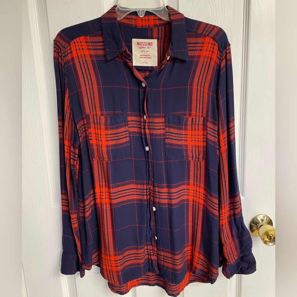 EUC MOSSIMO ORANGE AND NAVY BLUE PLAID BUTTON DOWN BLOUSE SHIRT SIZE L RAYON